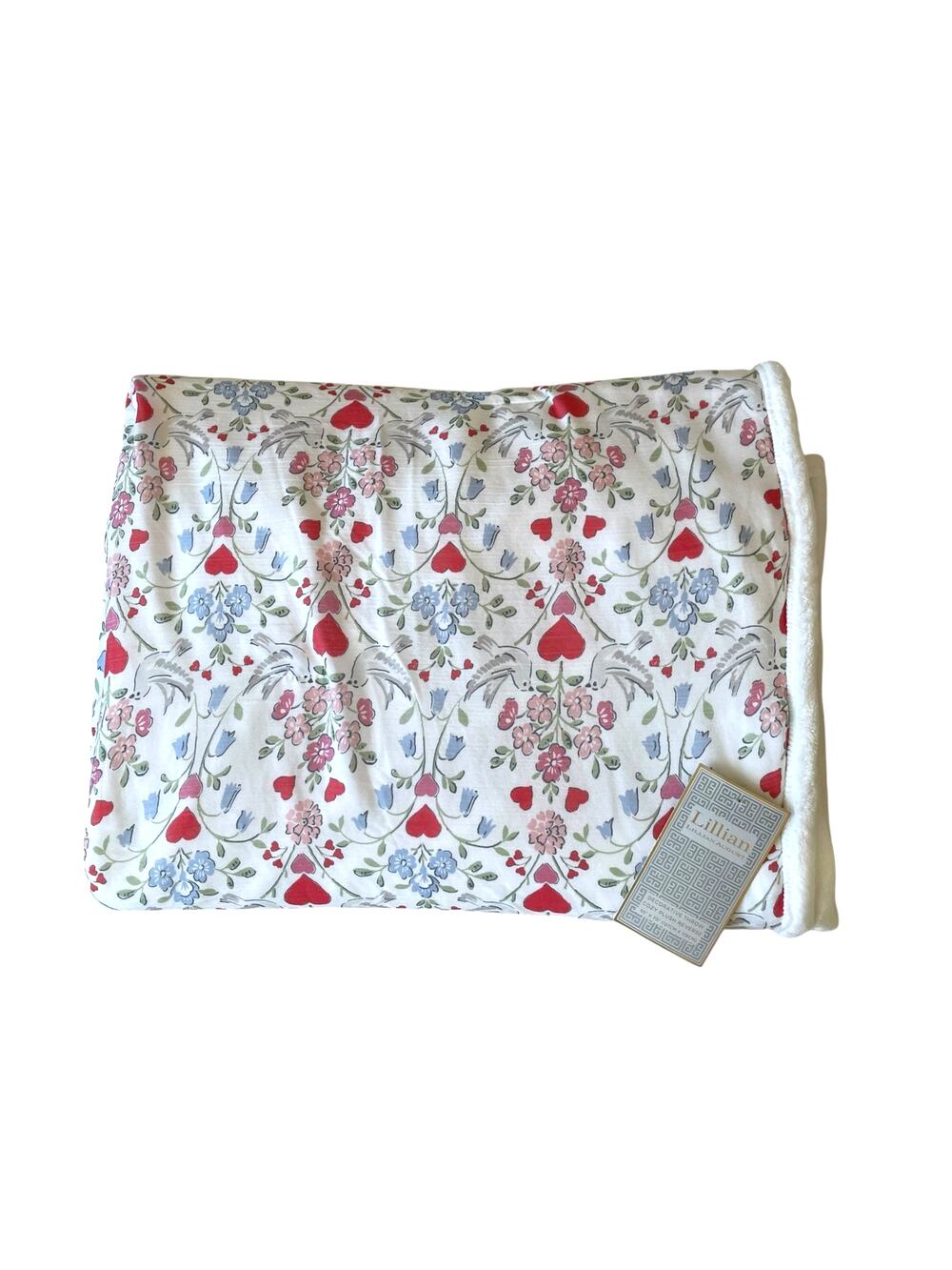 Lillian August Floral Hearts Birds Plush Reversible Gauze Blanket 50x70 NEW